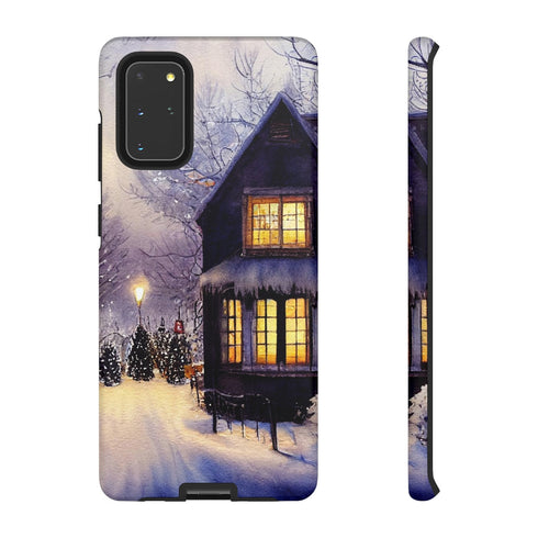 Glowing Homes in the Snow with Christmas Decorations - Impact Resistant Phone Case Samsung Galaxy S20+ Matte